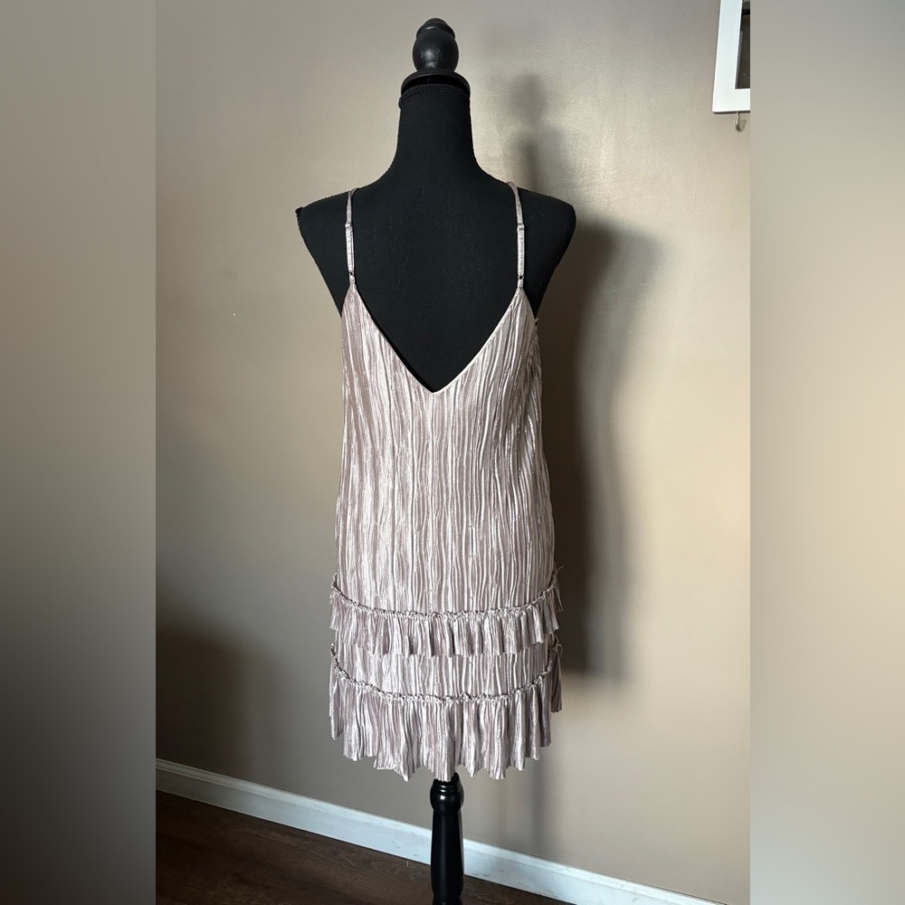 LOST + WANDER Bastille plisse metallic mini slip dress champagne party sz S EUC - Picture 5 of 15